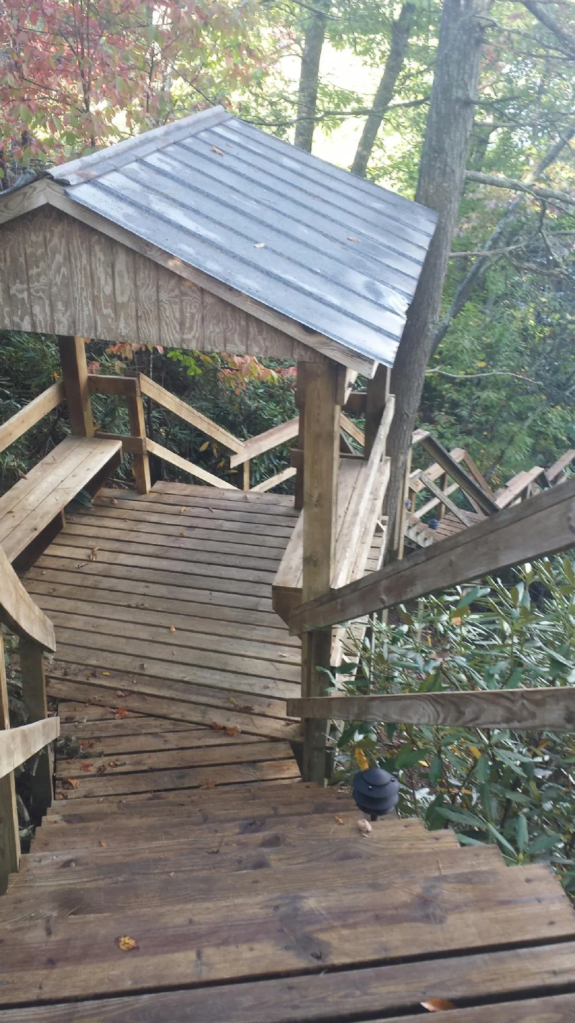 Metal roofed shelter over wooden steps on a wooded walkway — Skylight Repair & Installation work by our crew in New Eagle